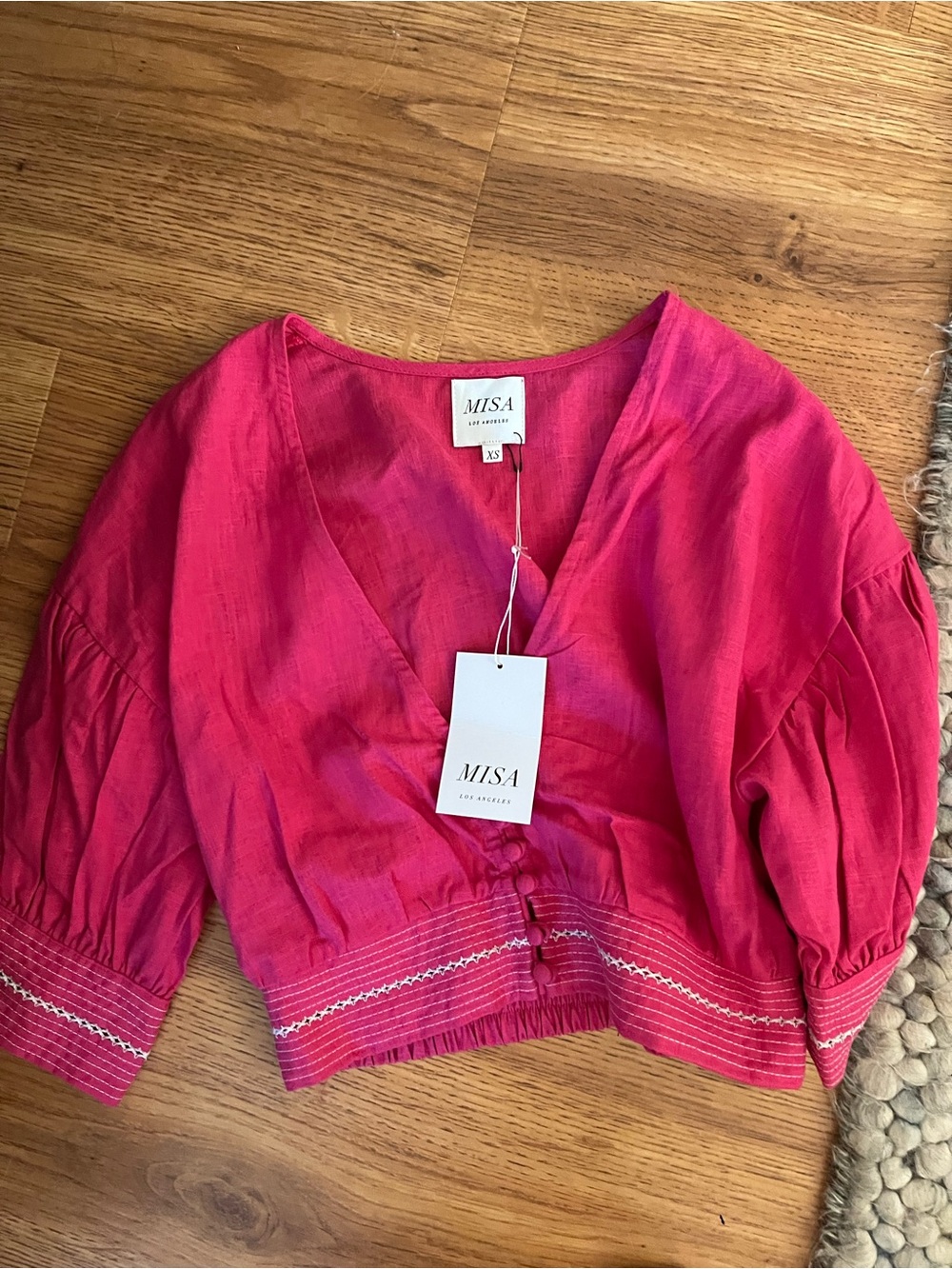 Misa Los Angeles Hot Pink V-Neck Cropped Tie-Front Top